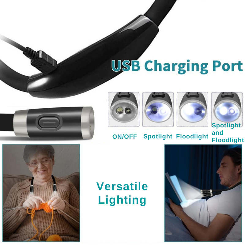 neck reading lamp with usb charging port and light options