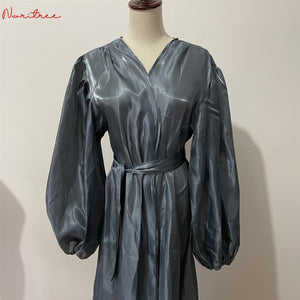 Eid Djellaba Abaya Dubai Shiny Soft Puff Sleeves Muslim Dress Satin Abaya Dubai Turkey Muslim Dress Islam Abayas With Belt WY56